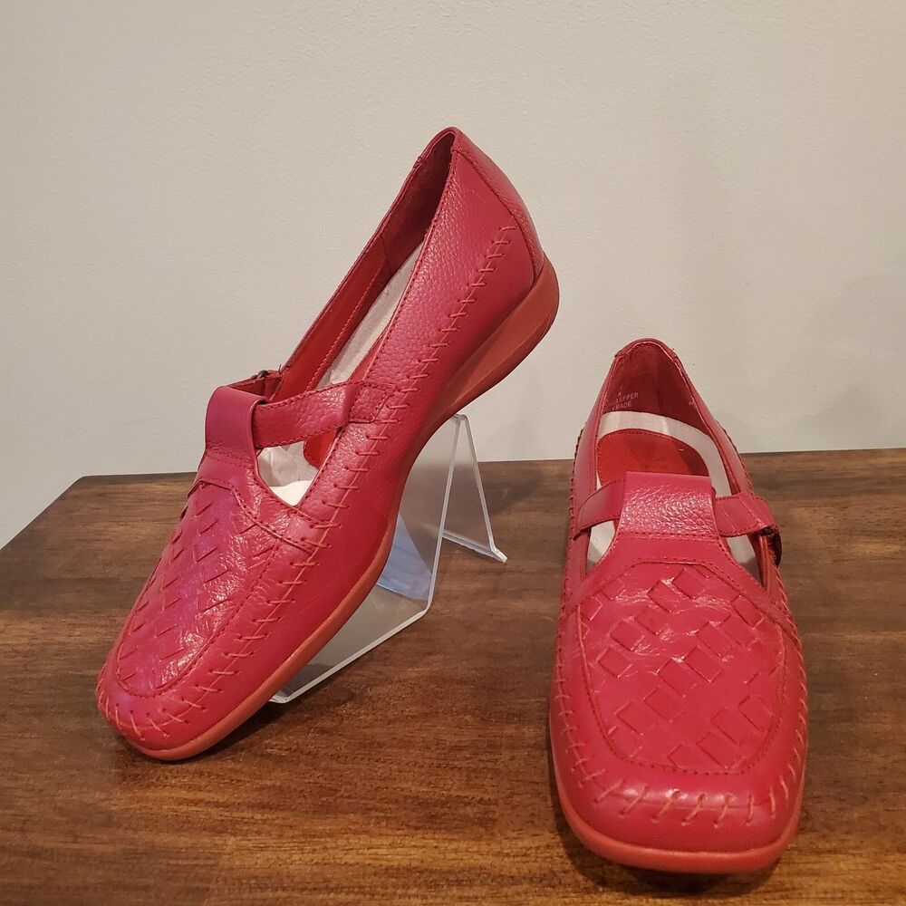 Mushrooms Cross Basket Weave Red Leather Mary Janes Shoes Size 8.5